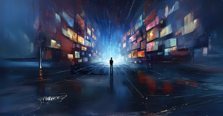 A lone figure on a wet street at night, facing a corridor of glowing screens