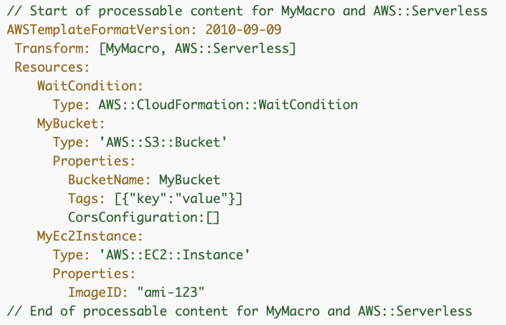 A CloudFormation template whose Transform section applies MyMacro and AWS::Serverless to the whole template, from the AWS documentation