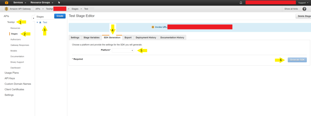 The API Gateway console with numbered steps: select the API, Stages, the stage, the SDK Generation tab, a platform, then Generate SDK