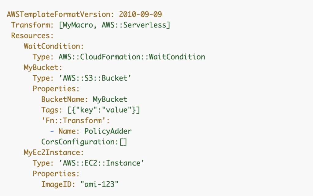 A CloudFormation template using Fn::Transform to apply the PolicyAdder macro to one bucket’s properties only, from the AWS documentation