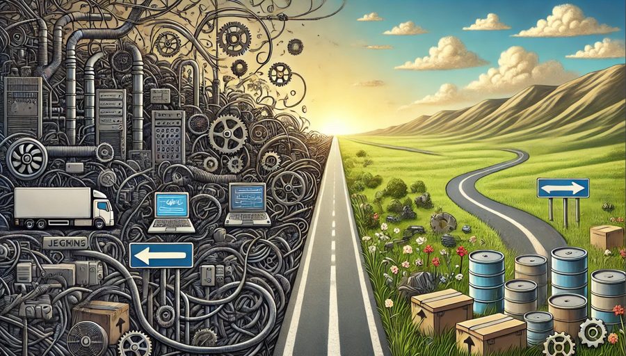 A split illustration: tangled machinery and cables on the left, an open road through green hills on the right
