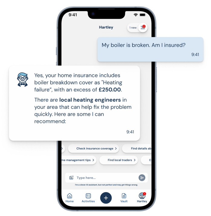 A Hartley chat thread where the assistant explains an insurance excess and offers to find a local heating engineer