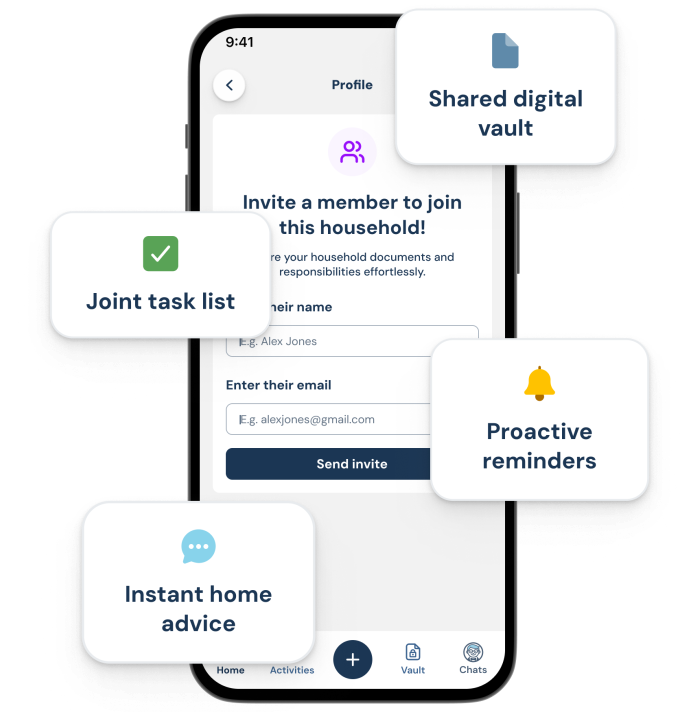 Hartley screens showing shared household access: inviting a member, a joint task list and proactive reminders