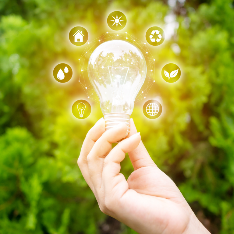 A hand holding a light bulb, surrounded by sustainability icons