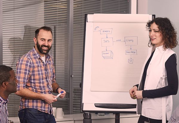 An agile coach working with a team at a flip chart
