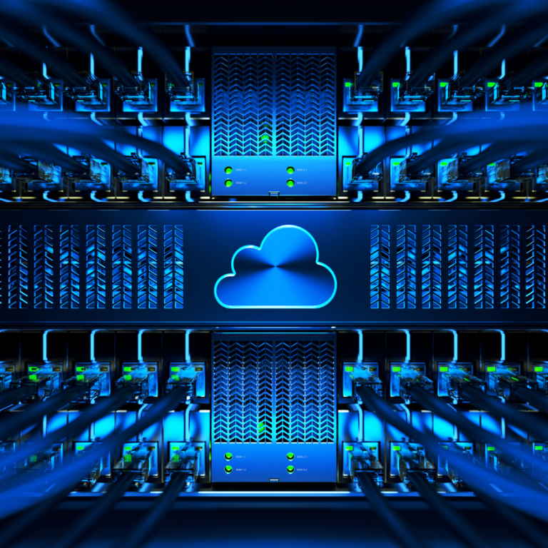 An illustration of a data centre, a glowing cloud icon among rows of server racks
