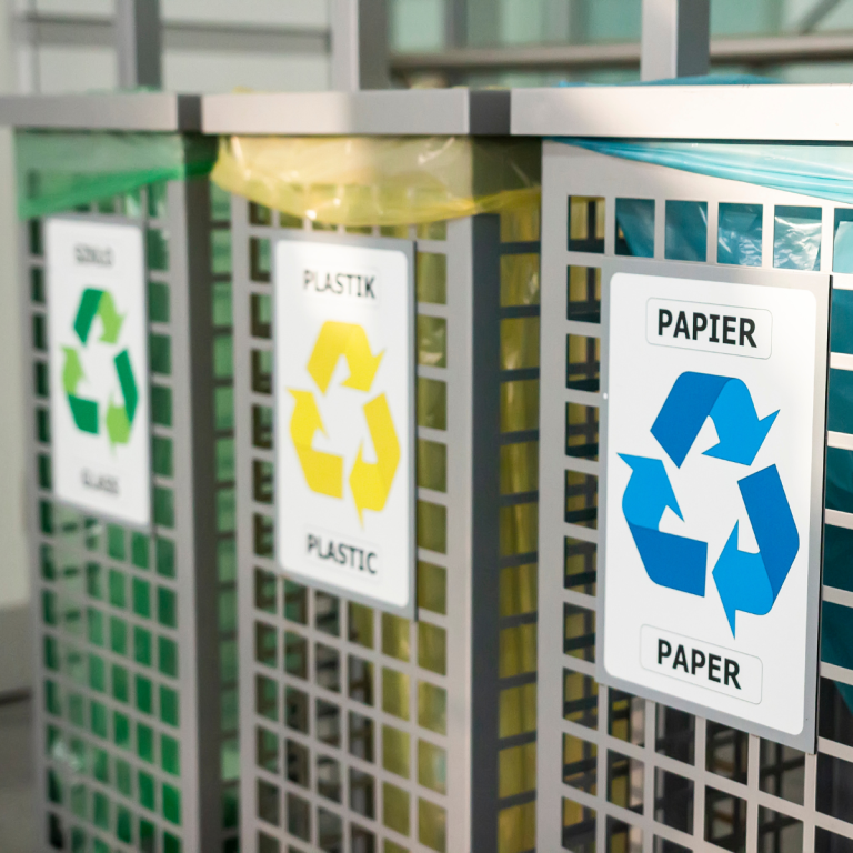 Recycling bins labelled for glass, plastic and paper