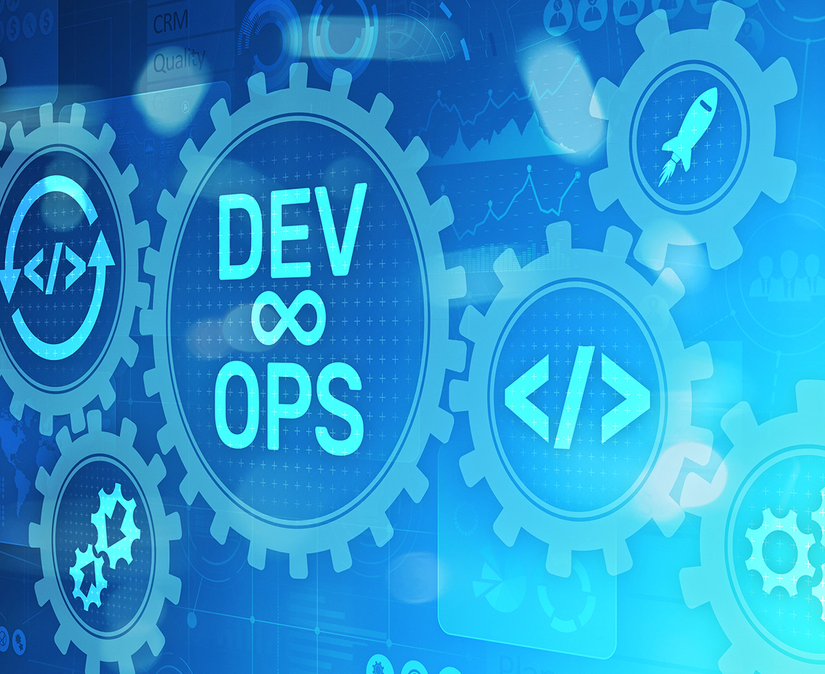 A DevOps infinity loop surrounded by gears and code brackets