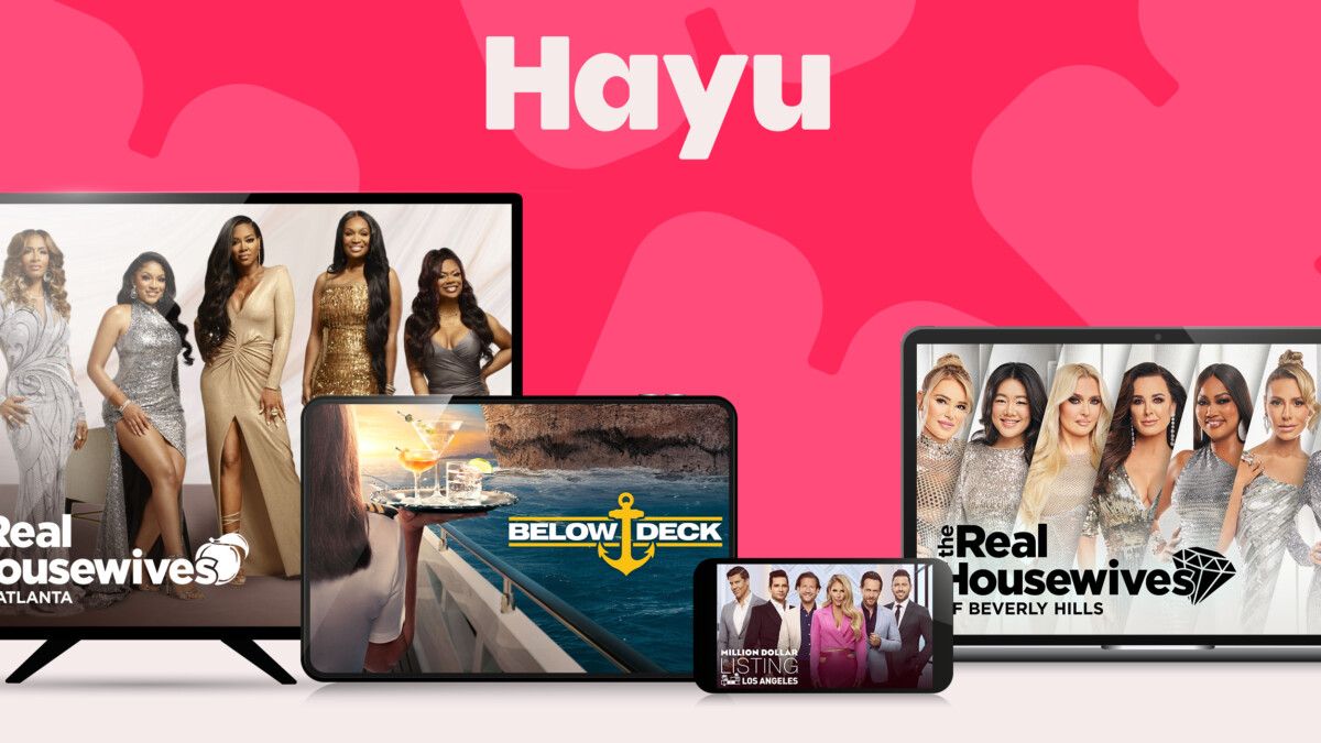 The Hayu service on a television, tablet, laptop and phone, showing reality TV titles