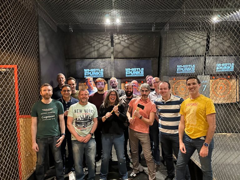 The Merapar UK team together at an axe-throwing venue