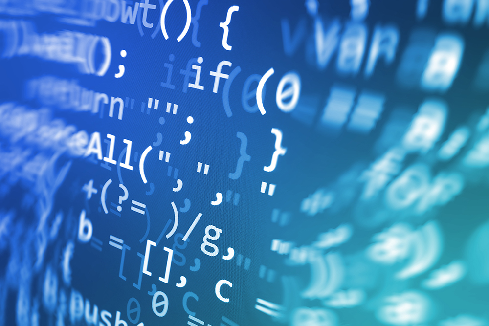 A close-up of source code rendered in blue on a screen