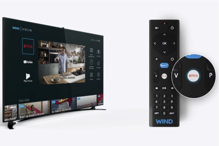 The Wind Vision interface on a television, beside a WIND-branded remote control