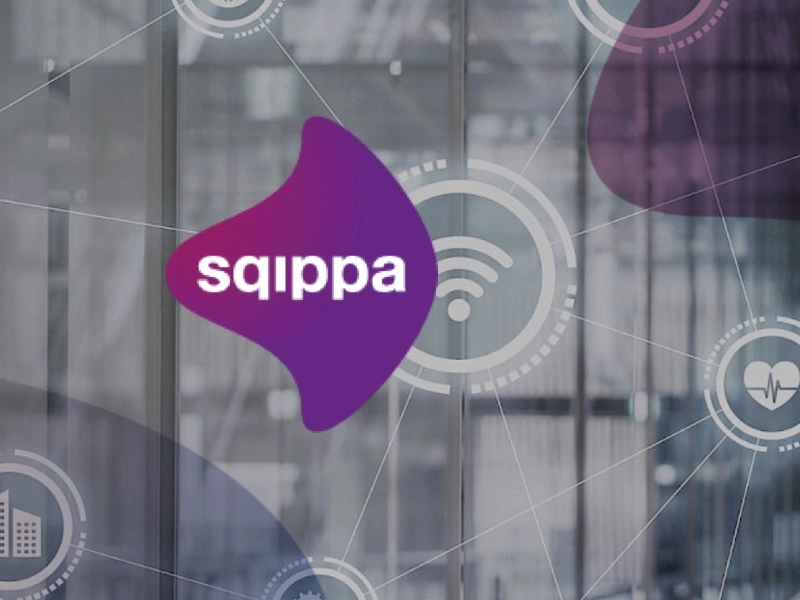 The Sqippa logo over a building interior, with connectivity icons