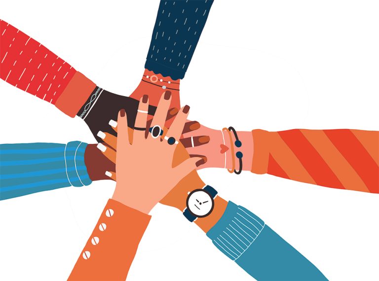 An illustration of six hands stacked together